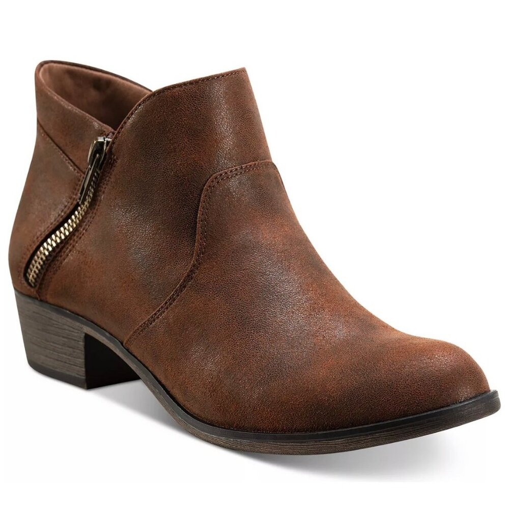 SUN + STONE Abby Double Zip Round Toe Block Heel Booties Chocolate 8.5